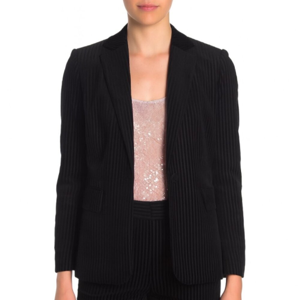 FRAME Textured-Stripe Velvet Blazer Jacket, Noir Black